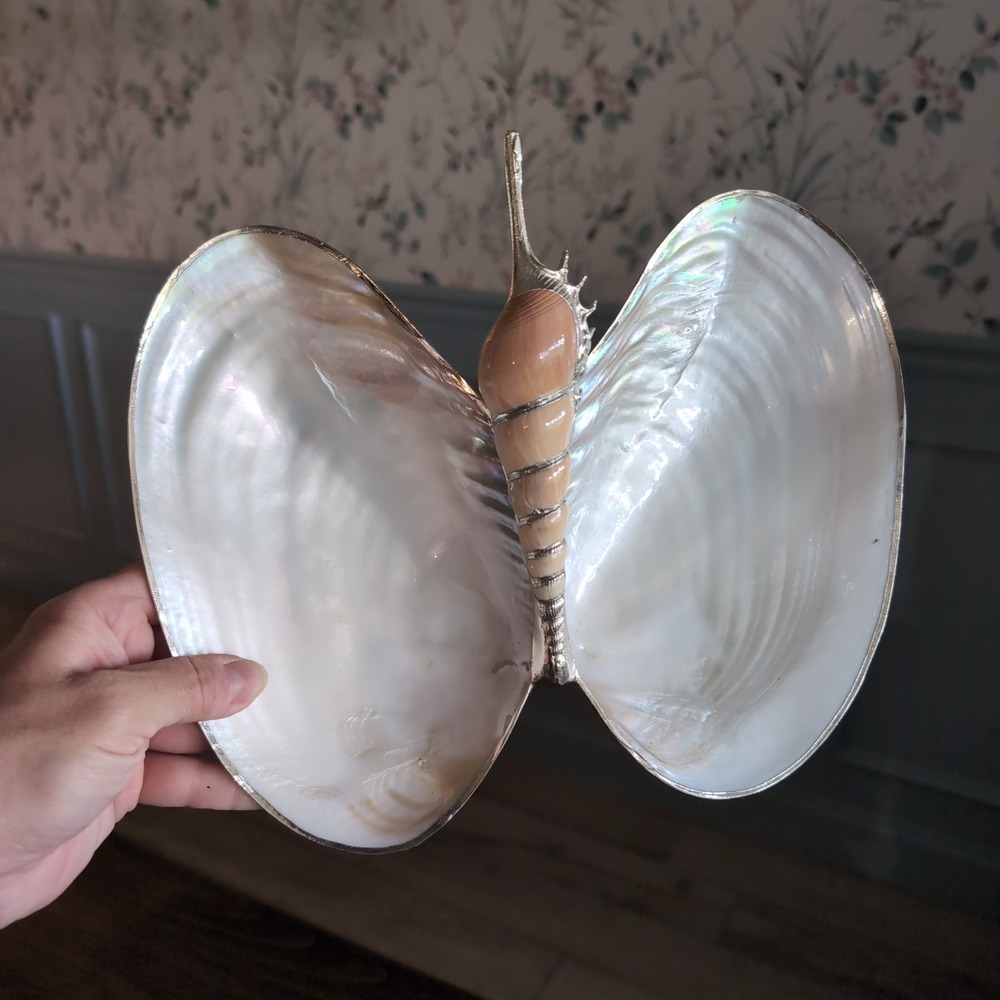 Large Vintage Mother of Pearl Clam Shell Trinket Dish Feet Manila Nautical Decor